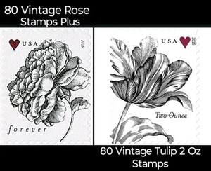 160 FOREVER Stamps 4 Sheets VINTAGE ROSE + 4 Sheets 2 Oz VINTAGE TULIP - Picture 1 of 9