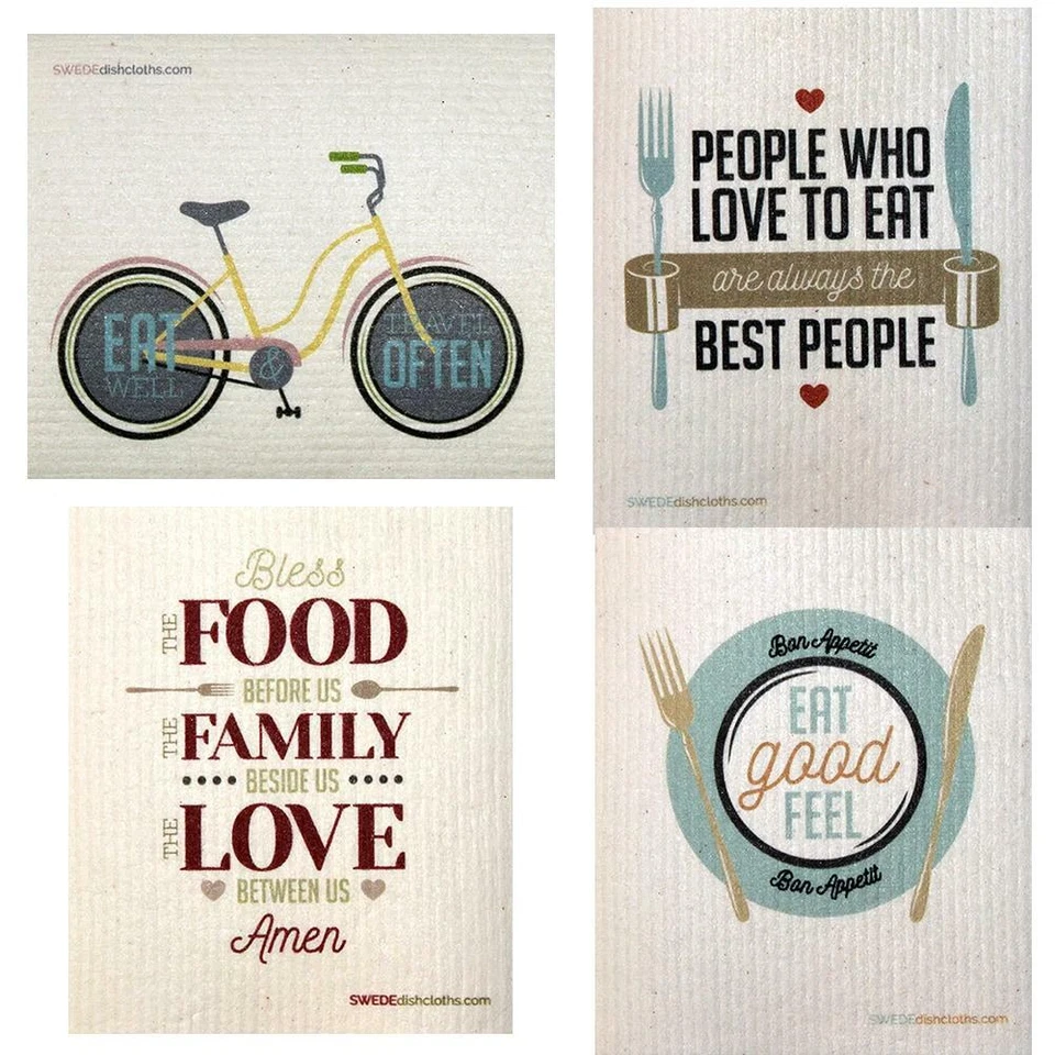 Conjunto de 4 panos de prato suecos Food Sayings | Limpeza absorvente ecológica  - Imagem 1 de 1