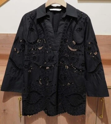 ZARA BLACK EXQUISITE FLORAL CUTWORK EMBROIDERED SCALLOP HEM POPLIN SHIRT BLOUSE - Image 1 of 4