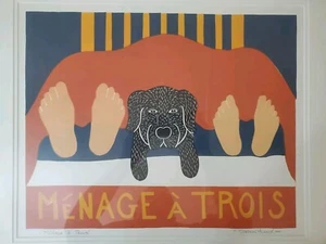 Stephen Huneck Original Woodcut Print Signed & Titled MeNage A Trois 🐶 Puppy - Picture 1 of 4