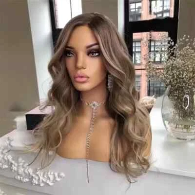 Dark Ash Brown Blonde Wavy Wigs 100% Human Hair Lace Front Wigs Dark Roots 13x4 - Image 1 of 4