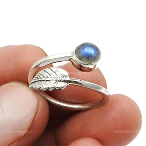 Round Natural Labradorite 925 Solid Silver Engagement Cocktail Leaf Ring Jewelry - Picture 1 of 8