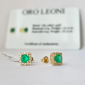 ORO LEONI Smaragd Diamant Halo Ohrstecker 14K Gelbgold - Bild 1 von 6