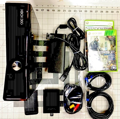 Xbox 360 S 250GB Glossy Black ~ OEM Power Supply ~ Digital AV ~ Cables ~ 2 Games - Image 1 of 4