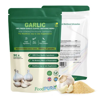 FOOD PURA Garlic Allicin Capsules x 90 Tasteless Super Strength 1000mg Vegan Caps FoodPURA