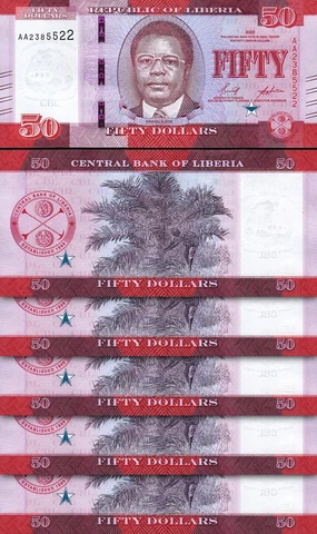 Liberia 50 Dollars 2022, UNC, 5 Pcs LOT, Consecutive, P-New Design Cover