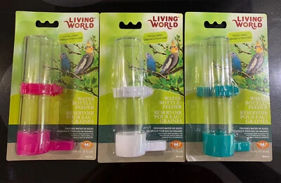 LIVING WORLD 3 PCS WATER BOTTLE/FEEDER PROVIDE WATER OR SEEDS SIZE M/ 4 Oz FITS All Cages.