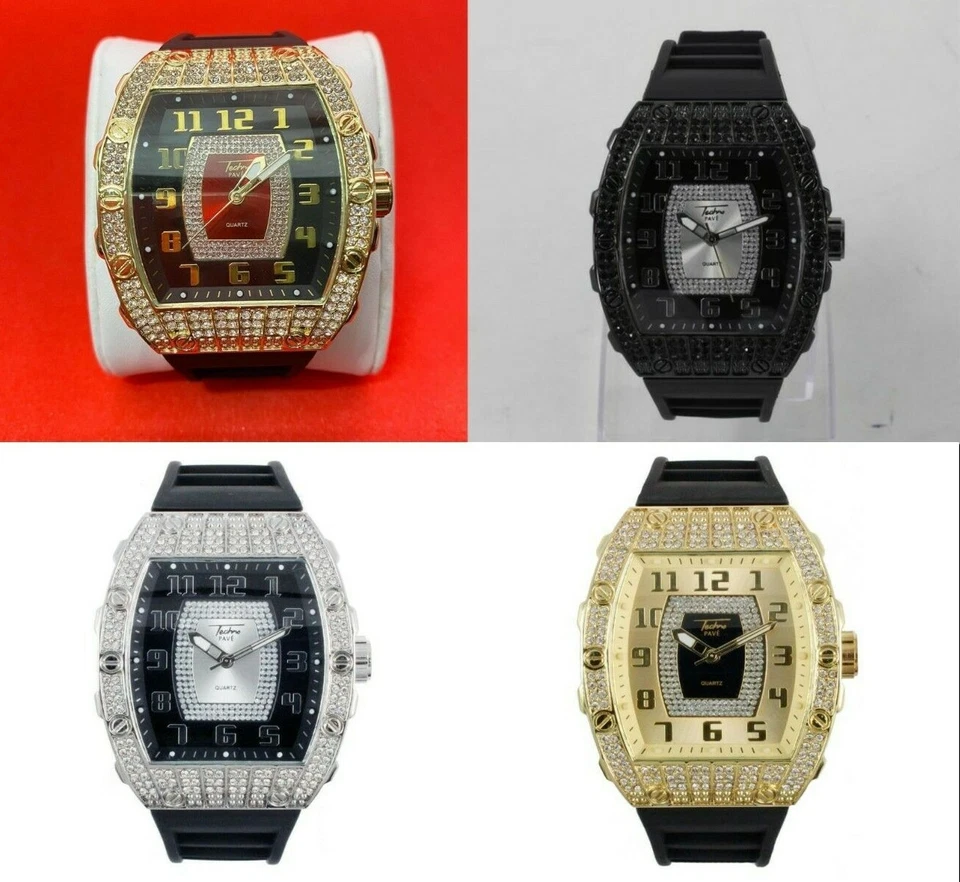 Men Iced Watch Bling Rapper Simulate Diamond Rubber Band Luxury Silver Gold Red - Image 1 of 1