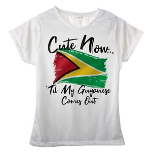 Cute Now... 'Til My Guyanese Comes Out Ladies Girls Guyana Flag T-shirt Top - Picture 1 of 3
