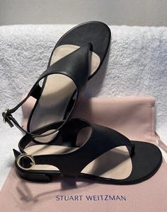 NEW Stuart Weitzman Sz 8.5 Santorini Black Leather Flat Thong Sandal Shoes - Picture 1 of 16
