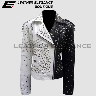Chaqueta de cuero con tachuelas blancas y negras para mujer - Punk Moto Biker Foto 1 de 4