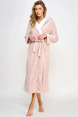 BeWicked Janet Long Robe Plush Fleece Sherpa Lining Hooded Pink - Image 1 of 4