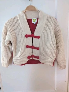 Yan Yan Knits Kids 100% Merino Wool Chunky Knit Red Cream Cardigan 10 Year Old - Picture 1 of 8