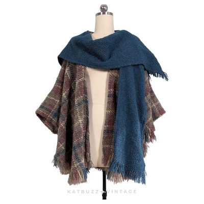 Poncho con capa de lana Boyne Valley envolvente OS azul marrón tejido a cuadros irlandés Outlander Foto 1 de 4