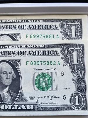 2x Consecutive $1 One Dollar USA Bank Notes Bills 2021 F Block Unc! USA Set - Image 1 of 3
