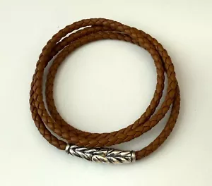 David Yurman Sterling Silver Chevron Triple Wrap Light Brown Leather Bracelet Sm - Picture 1 of 3