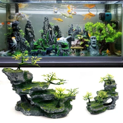 Large Fish Tank Decorations Mountain View Aquarium Ornament with Tree House Cave - Image 1 of 4
