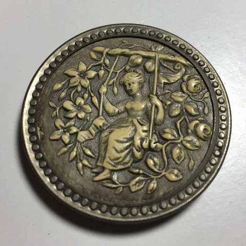 Antique Ivoroid Large Button ‘Lady On a Swing’ Paris Backmark High Design 40M Cover