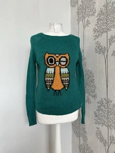 Woolrich Mohair Blend Teal Owl Print Jumper Pullover Size Small Petite - Picture 1 of 7