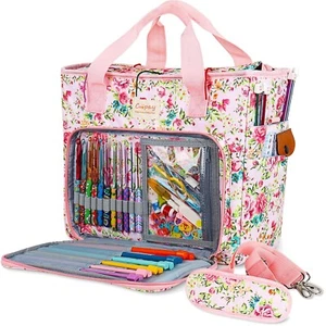 Lightweight Pink Flower Crochet & Knitting Bag with Multiple Storage Features - Picture 1 of 9