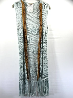 Chaleco Hippie Croched Para Mujer Pequeño Verde Menta Marrón Flecos Largo Festival Elástico Foto 1 de 4