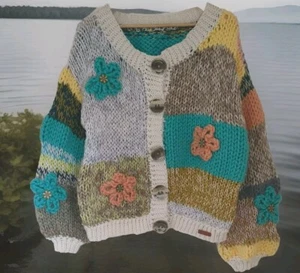 Hand knitted chunky cardigan, women, UK size 14-16, π, crochet elements π§Άπ§΅π - Picture 1 of 4