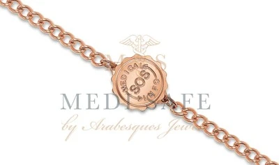 ARABESQUES JEWELS GENUINE MEDI SAFE SOS BRACELET/MEDICAL ID TAG STAINLESS STEEL TALISMAN ROSE GOLD