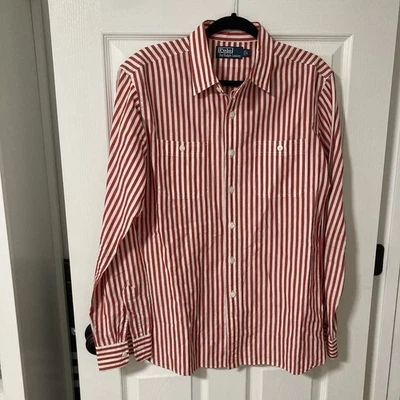 Ralph Lauren Mens Large L Red Striped Button Down Shirt Cotton Linen Blend - Image 1 of 4