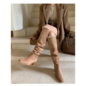 Winter Womens Knee High Boots High Chunky Heels Suede Fur Lining Trim Warm Boots - Picture 1 of 18