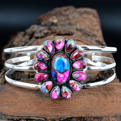 Kingman Pink Dahlia Turquoise Gemstone Handmade Adjustable Sterling Silver Cuff - Image 1 of 4
