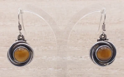 Bohemian 925 sterling silver & tigers eye gemstone dangle earrings swirl hook - Image 1 of 4