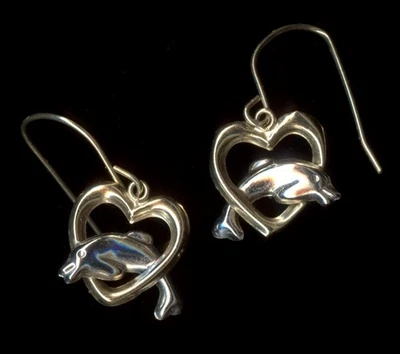 New 10K 25mm Solid Yellow & White Gold Dolphin Fish Heart Hook Stud Earrings ~wz - Image 1 of 2