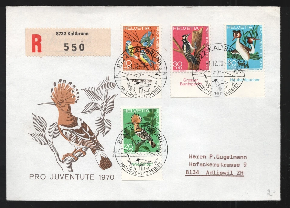Suiza Birds Pro Juventute 1970 inscripciones FDC. Cubierta de primer día Kaltbrunn Foto 1 de 1