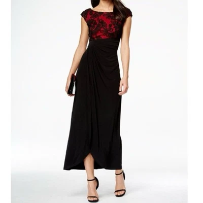 Connected Apparel Soutache Faux Wrap Maxi Gown Red Black Size 12 NWT - Image 1 of 4
