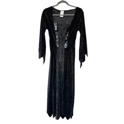 万圣节蜘蛛女巫服装礼服成人小号 OSFM 黑色哥特式网络丝绒 — 第 1/4 张图片