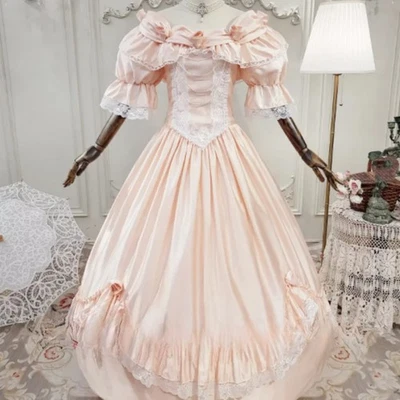 Vestidos de novia victorianos vintage melocotón cuello redondo media manga encaje volantes ribete Foto 1 de 4