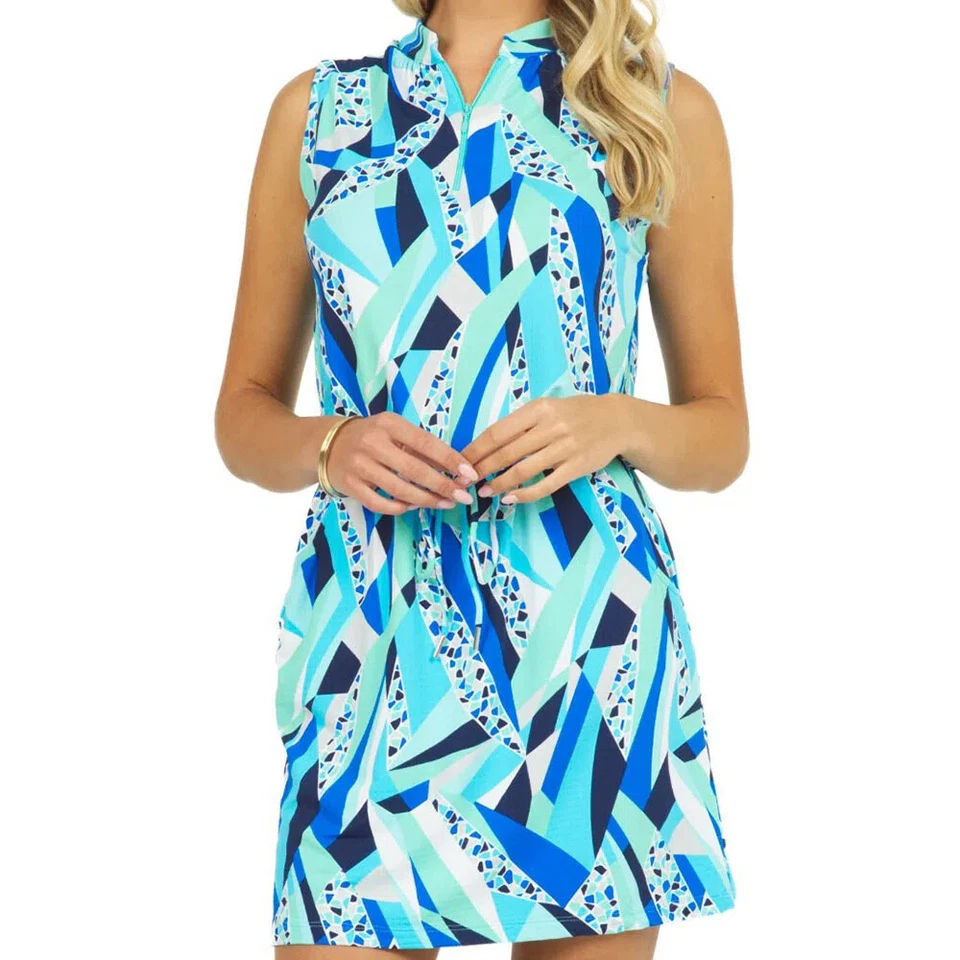 NWT Ladies IBKUL BRIANNA Blue Sleeveless Drawstring Golf Dress - S L & XL