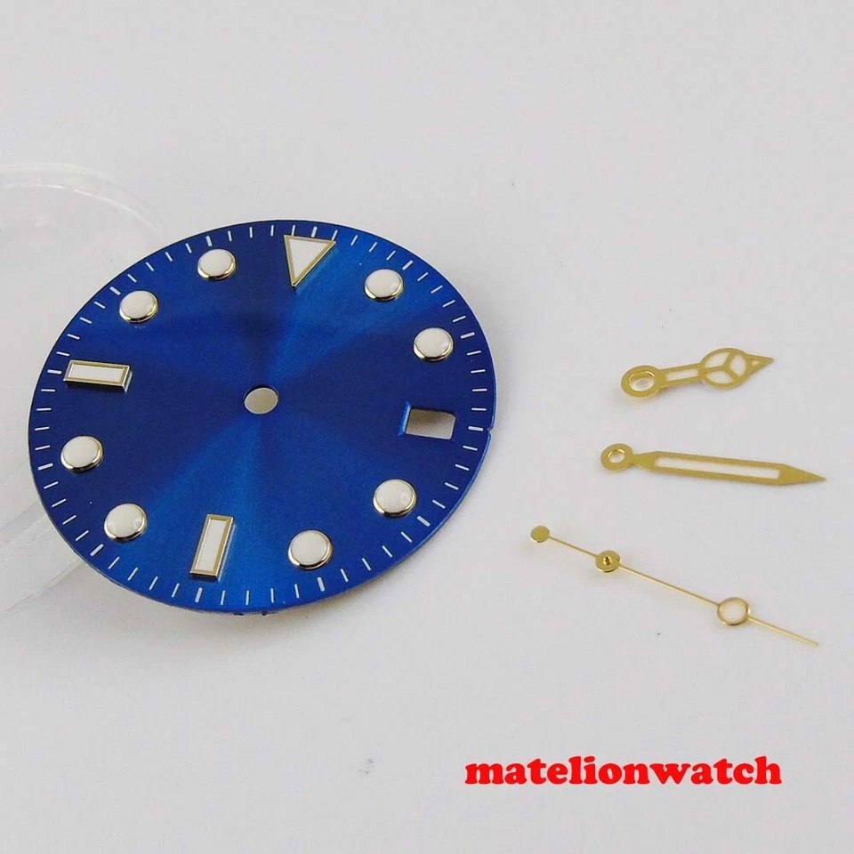 Reloj 28,5 mm azul estéril esfera con manecillas ajustadas movimiento NH35 NH35A azul luminoso Foto 1 de 3