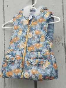 Girls Little Lass Blue Floral Sleeveless Fur Hooded  Puff Coat, Size 6 - Picture 1 of 3