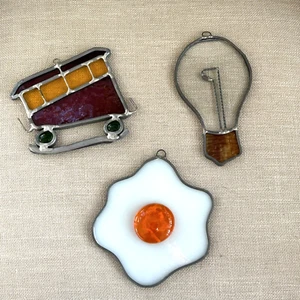 3 Handmade Leaded Glass Sun Catchers Lightbulb Sunny Side Up Egg Trolly Train - Picture 1 of 7