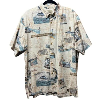 Vintage GPS Fishing Map Print Button Down Hawaiian Shirt Sailing Boating XL - Image 1 of 4