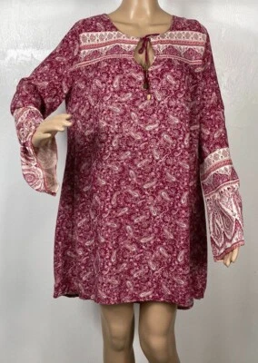 Billabong Womens Bell Sleeve Tunic Large Paisley Neck Tie High Low Hem Boho Sz L - Image 1 of 4