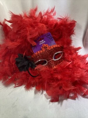 Red Mardi Gras Burlesque Masquerade Halloween Costume Mask & Boa Feathers - Image 1 of 4