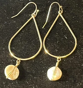 Goldtone Pear-shaped Pierced Hoop Earrings 2.5" Drop, Abalone/Mother Of Pearl - Picture 1 of 4