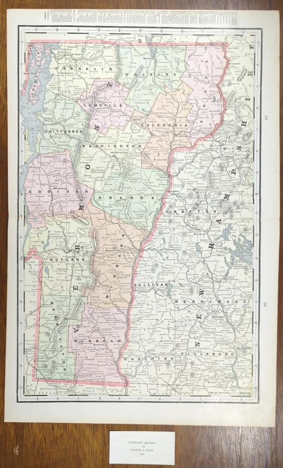 Mapa VERMONT 1900 de colección 14"x22" ~ Antiguo Antiguo Original Bennington Manchester VT Foto 1 de 4