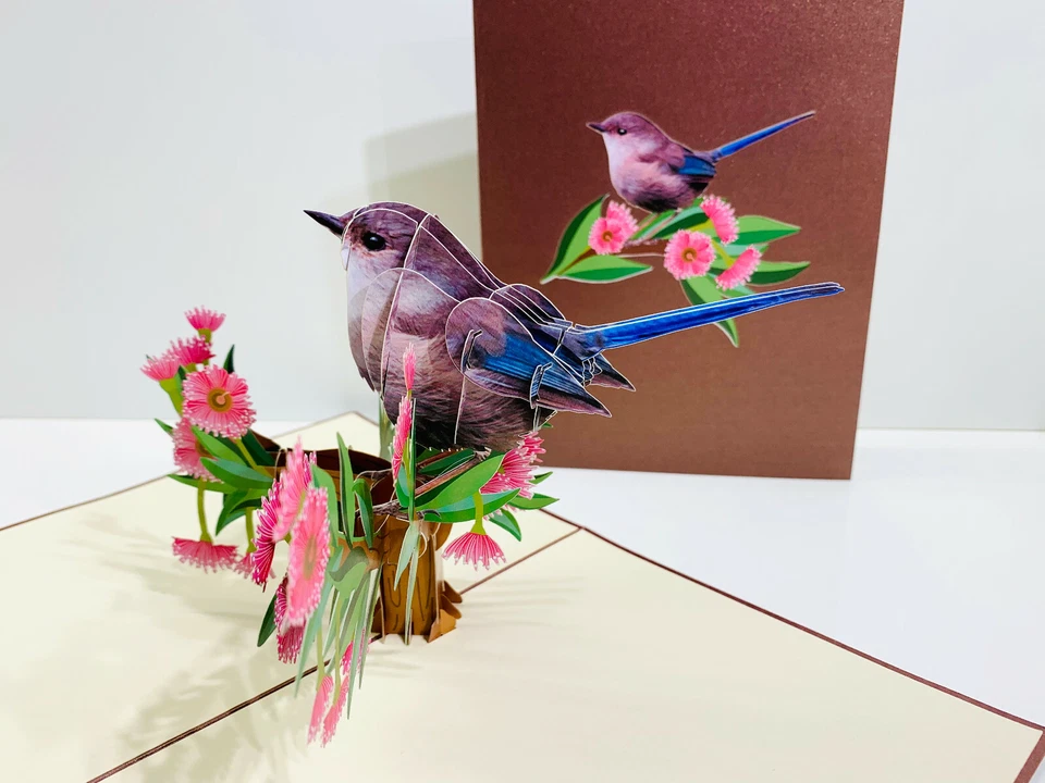 Origami Pop Cards Blue Wren Bird 3D Pop Up Greeting Card Love Happy Mother's Day - Image 1 of 4