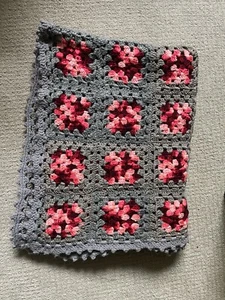Vtg Crochet Afghan Granny Square gray pink burgundy 42"x 63" - Picture 1 of 2