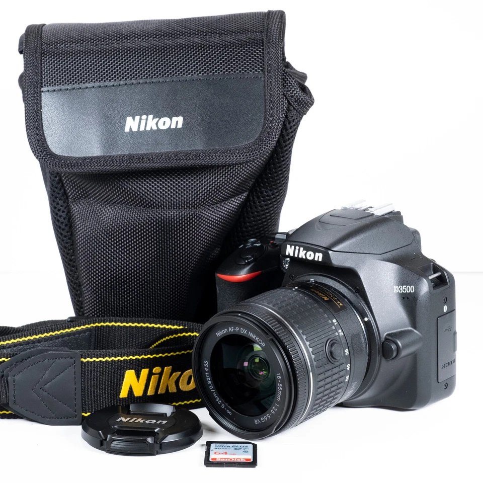 Nikon D3500 DSLR 24.2MP + 18-55mm VR Lens Kit – 1,038 Shutter Count + 64GB SD - Image 1 of 4