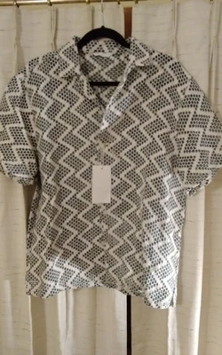 Zara Mens Open Weave Textured Short Sleeve Button Collared Shirt Blk Wht Lg NWT - Image 1 of 4