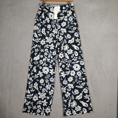 Zara Pants Women's L Black White Floral Linen Blend Wide Leg Trousers Preppy NWT - Image 1 of 4